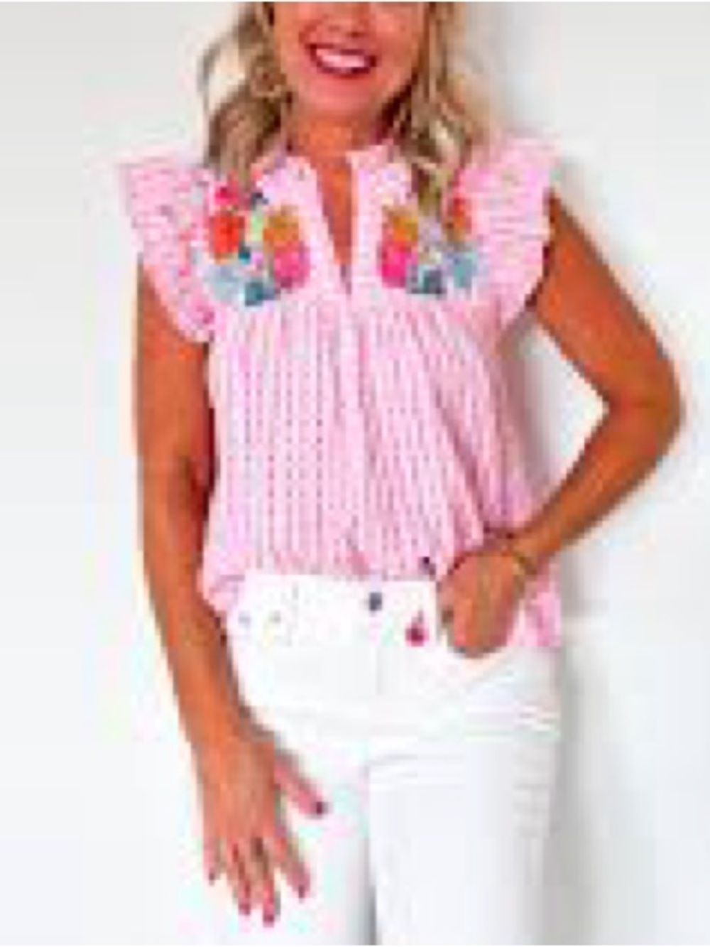THML Pink Gingham Flutter Sleeve Top with Floral Embroidery - Picture 2 of 4